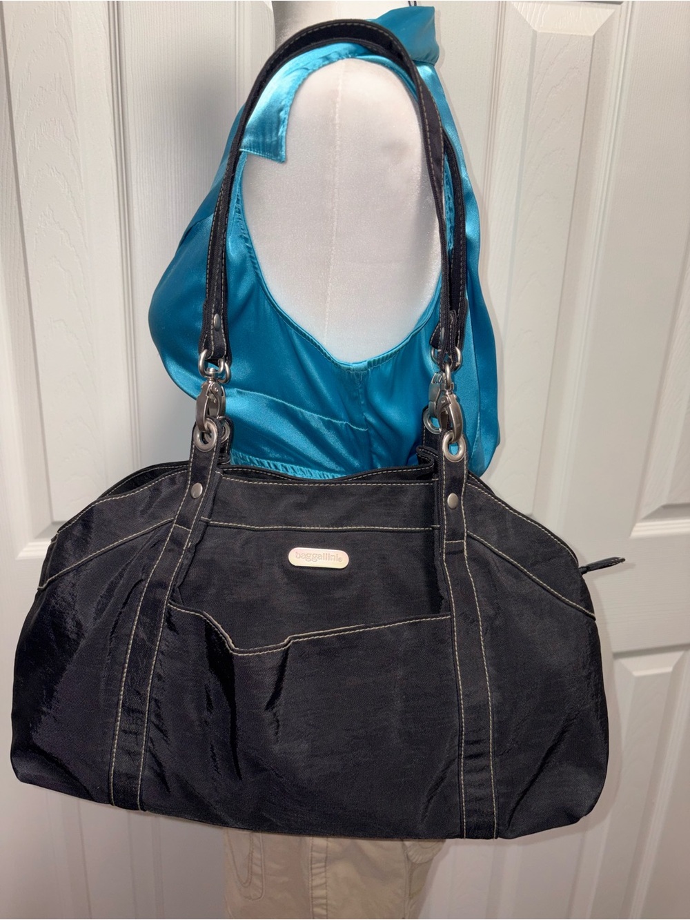 Baggallini Black Shoulder Tote with Contrast Stitching